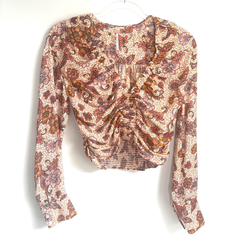 Free People | Women’s Orange Rust Pink Floral Gathered Long Sleeve Top Size XS